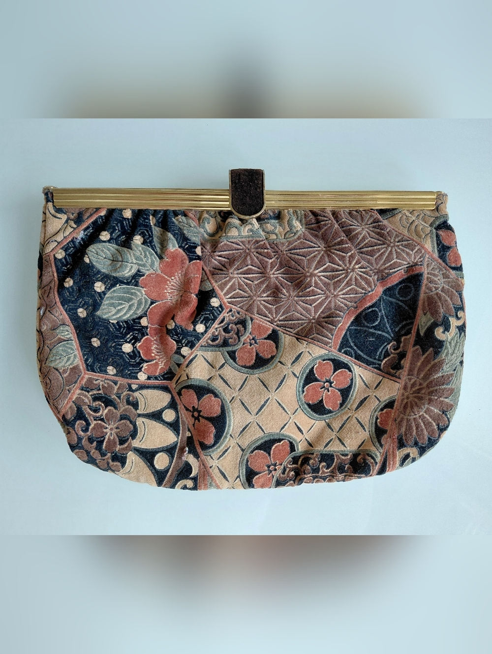 Vintage Patchwork Floral Velvet Clutch in Navy, Mauve, Cream
